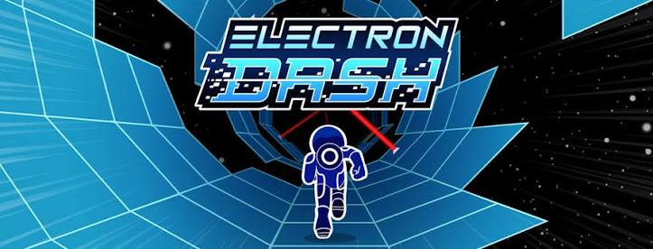 Electron Dash gameplay showing the glowing electron dodging neon obstacles in a high-speed circuit-board course